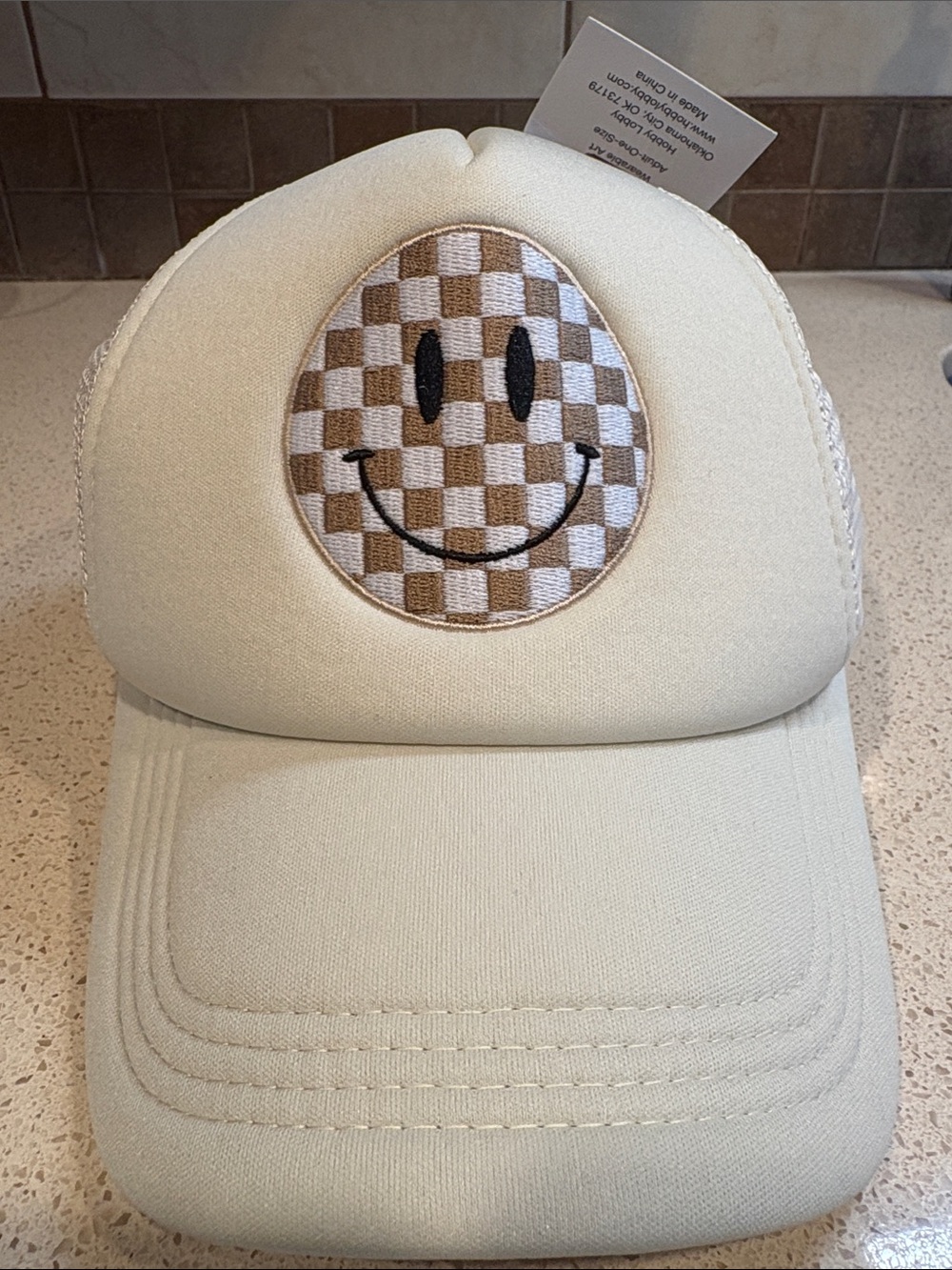Cream NWT FoamTrucker Cap with Beige Checkered Smiley Patch